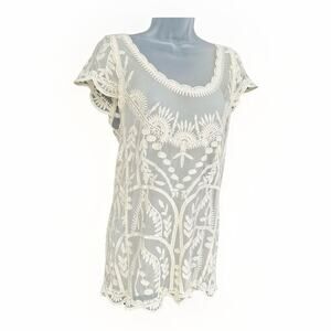 Capri Clothing Brand Ivory Womens Small Lace Round-Neck Boho Sheer Blouse Whimsy